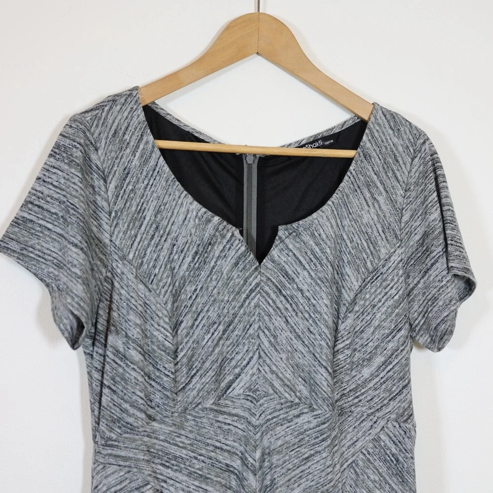 eShakti Gray‎ Fit Flare Midi Dress Medium A Line Notch Neck Work Office Lined